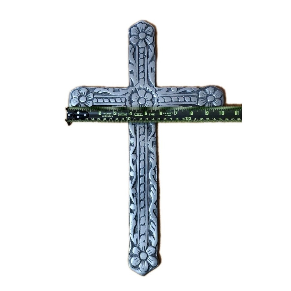 Vintage Cast Aluminum Cross Cruxifix Wall Hanging Religious Decor Floral 16.5 in - Picture 5 of 6